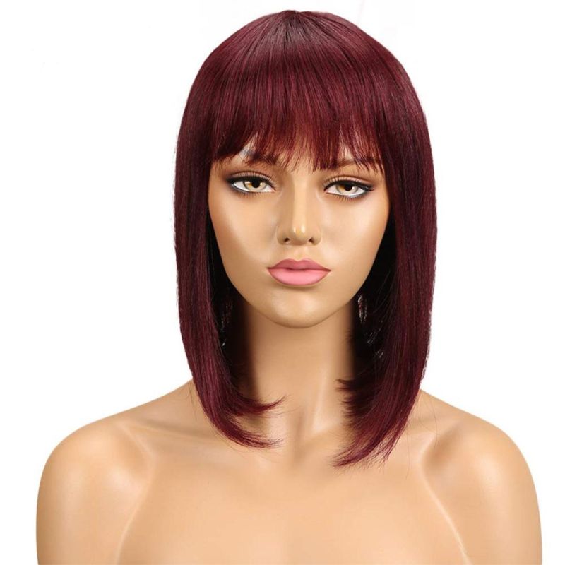 Short Bob Wig with Bang Straight Human Hair with Bang Brazilian Virgin Hair Wig for Women Red Color Wig