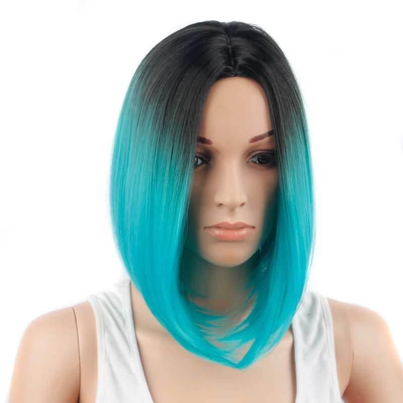 Cheap 14inch Short Silky Straight Ombre Blue Heat Resistant Fiber Synthetic Wigs