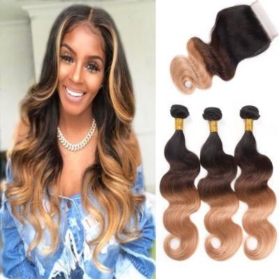 Top Grade 10A Ombre Body Wave Human Hair Bundles with 4X4 Lace Closure Remy Hair Extension T1b/4/27 for Sexy Women