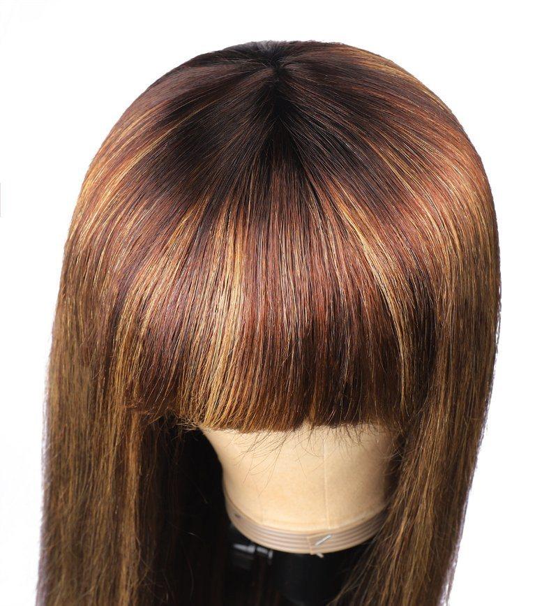 P4/27# Wig Long Straight Gradient Semi Human Hair Wig with Bangs