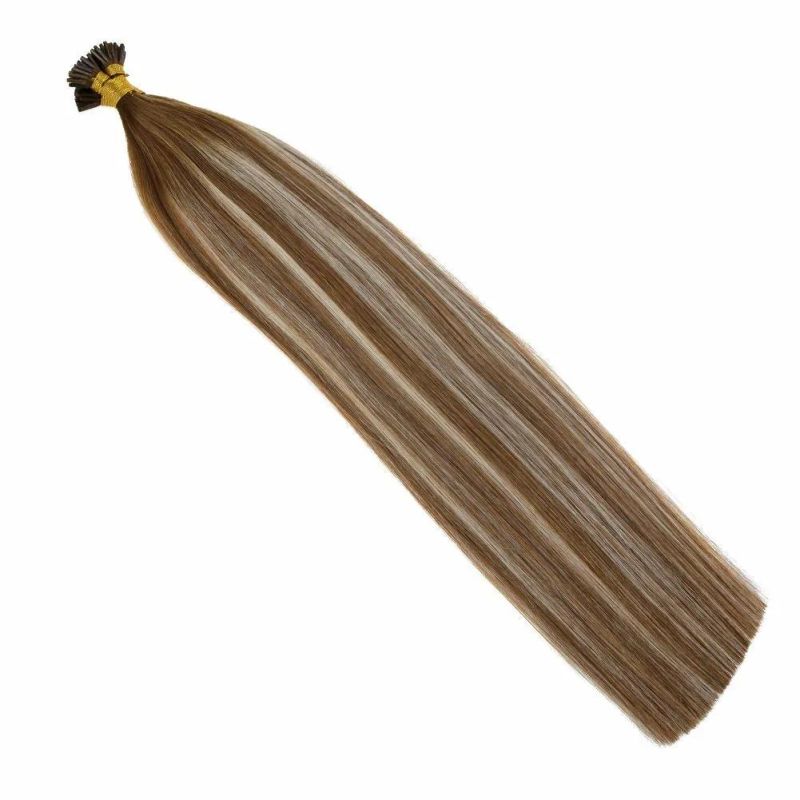 Balayage I Tip Extensions, Medium Brown Highlighted Platinum Blonde Natural Hair Pre Bonded Hair Extensions Human Hair 24inch 1g/Strand 50g/Package
