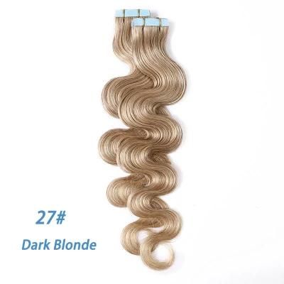 12&quot;-24&quot; 2.5g/PC Remy Human Hair Body Wave Tape in Hair Extensions Adhesive Seamless Hair Weft Blonde Hair 20PC (27# Dark Blonde)