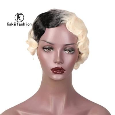 Short Pixie Cut Finger Wave Ombre 613 Blonde Wig with Bangs for Black Women Synthetic Hair Wigs