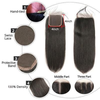 4X4 Straight Lace Closure Free/Middle/Three Part 8-20 Inches Natural Color Non-Remy Brazilian Human Hair for Women Elegant Hair
