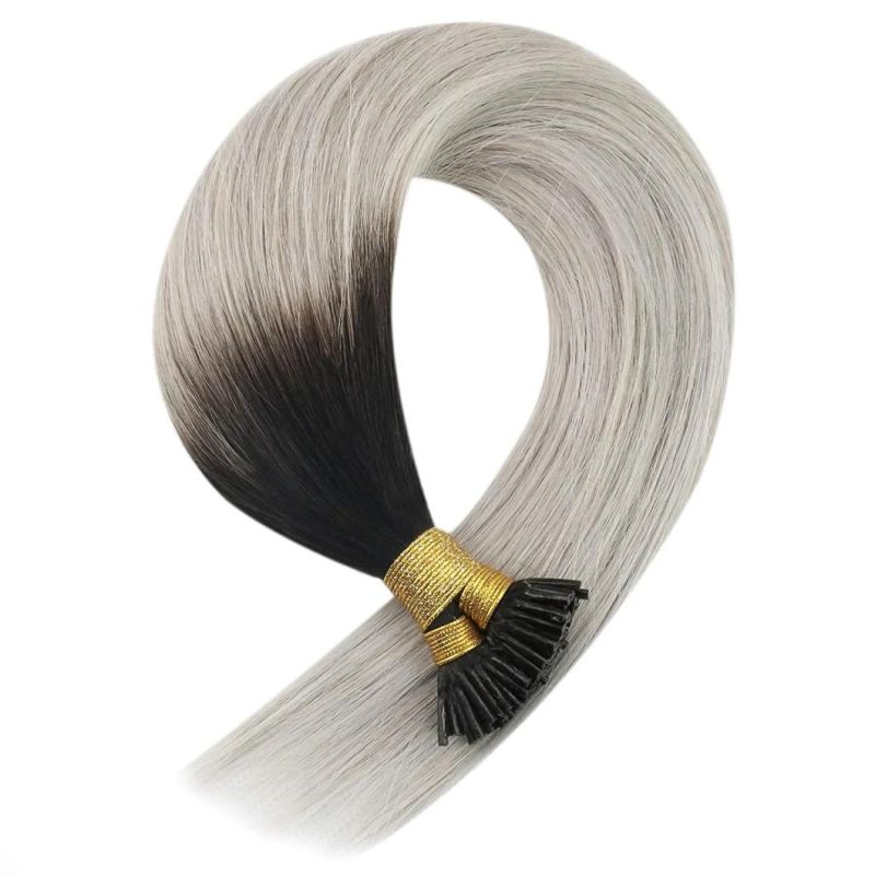 Ombre Black to Grey I Tip Hair Extensions Human Hair Natural Black Root to Grey Silky Straight I Tip Extensions Human Hair Ombre Remy Human Hair 50g