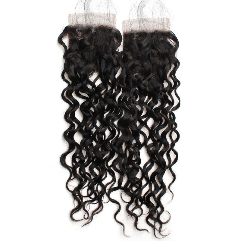 7A 4*4 Virgin Lace Frontal Closure Non-Remy Water Wavy Free Part Hair Weave #Black
