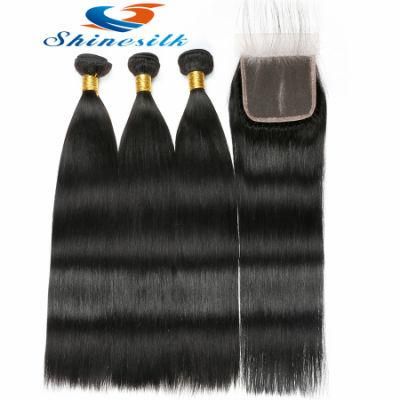 Shine Silk Hair Peruvian Straight Human Hair Weave 4 Bundles with Lace Closure Natural Black Remy Hair Extension 4PCS/Lot