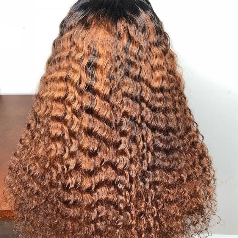 Factory Price Water Curly Deep Wave Remy Hair Color 1b/30 Human Hair Pre Plucked Ombre Highlight Lace Frontal Wig