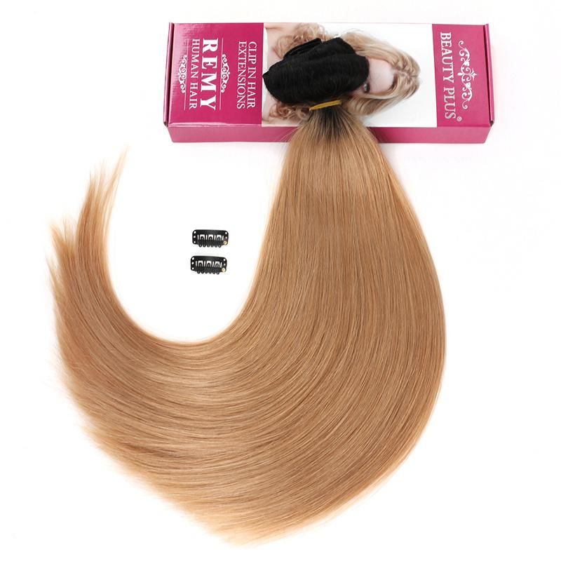 Factory Wholesale 100% Human Hair Clip in Hair Extensions Ombre Color Cuticle Aglined Brazilian Hair