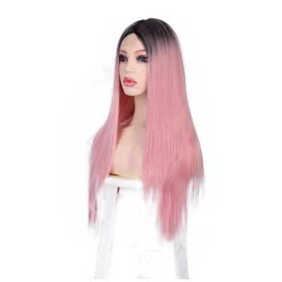 Wholesale Human Hair Ombre Pink Synthetic Long Lace Straight Wigs 26inch
