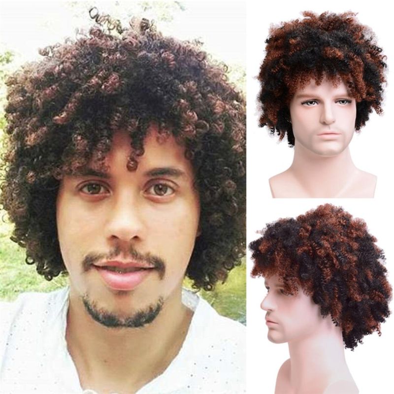 Toupee Kinky Curly Synthetic Short Wigs for Men′s Daily Wig Mixed Male Curly Natural Cosplay Hair Heat Resistant Breathable Men Wig