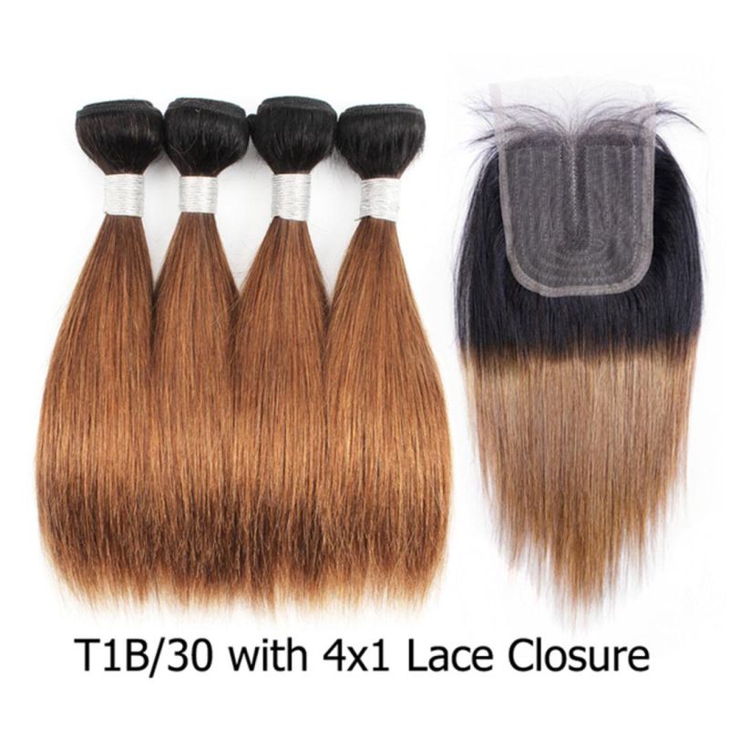 Brazilian 100% Human Hair Bundle with Lace Closure Middle Part Ombre Honey Blond Straight Remy Human Hair for Woman