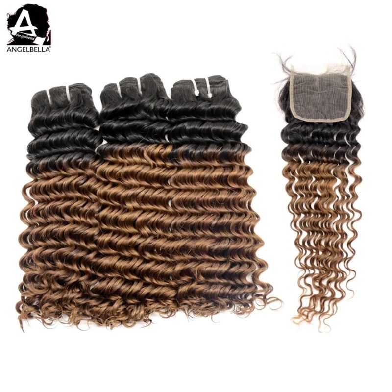 Angelbella Raw Mink Brazilian Human Hair Bundles with Closure Deep Wave Hair Ombre 1b#-30# Remy Hair