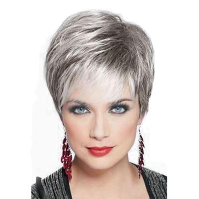 Kbeth Machine Made Wig High Quality Grandma Gray Cut Short Straight Human Blended Hair Wigs Wholesale
