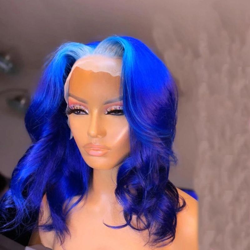 Blue Lace Part Front Wig Human Hair Wig Light Blue Colored Human Hair Wave Wigs Lace Remy Wig 150% for Women 18 Inches