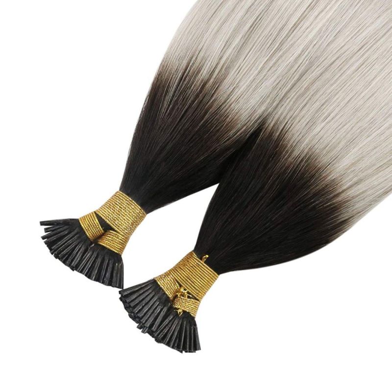 24inch I Tip Hair Extensions Human Hair Natural Black to Grey Ombre Silky Straight I Tip Extensions Human Hair Ombre Remy Human Hair 50g 1g/S