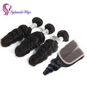 3 Bundles+4&quot;X4&quot; Lace Closure Loose Wave Brazilian Remy Human Hair with Free Shipping