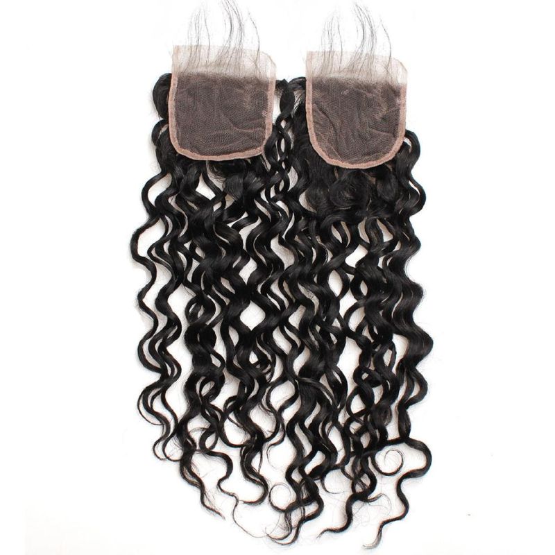 7A 4*4 Virgin Lace Frontal Closure Non-Remy Water Wavy Free Part Hair Weave #Black