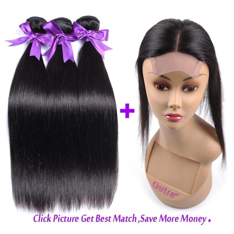 Hair Products Brazilian Straight Human Hair Bundles with Lace Closure Middle Part Natural Black 3 Bundles Hair Weaves Remy Hair
