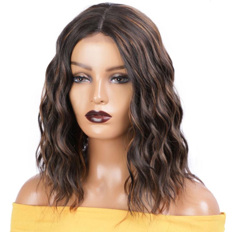 14 Inch Human Brazilian Hair Wigs Lace Front Middle Part Mixed Black Color and Brown Natural Wave Wig for Black Women