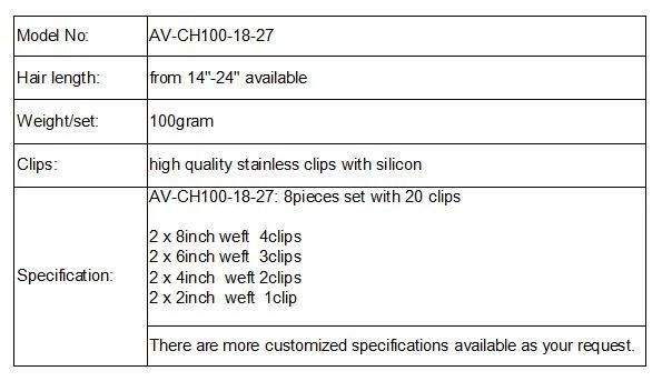 Wholesale Price Clip in Hair Extensions 8pieces 20clips for Full Head Set Clip in Human Hair (AV-CH100-18-27)