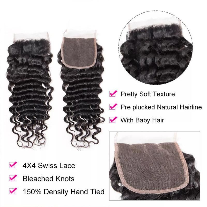 Brazilian Human Hair 4*4 Swiss Lace Closure Hair Bundles, Deep Wave Hair Extension, Double Drawn or Weft Human Hair 3 Bundles with a Closure