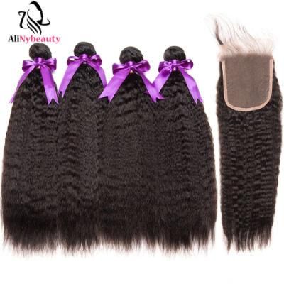 Alinybeauty Brazilian Hair Kinky Straight 3 Bundles with Lace Closure