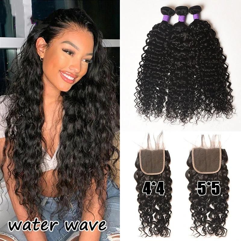 Natural Black Hair Extension, Double Drawn or Weft Hair Bundles, 22" Water Wave Hair Extension for Black Women with 5*5 Closure