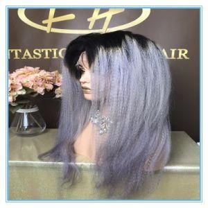 High Quality Hot Sales Omber Grey Color Kinky Straight Human Hair Silk Base Lace Wigs with Factory Price Wig-054