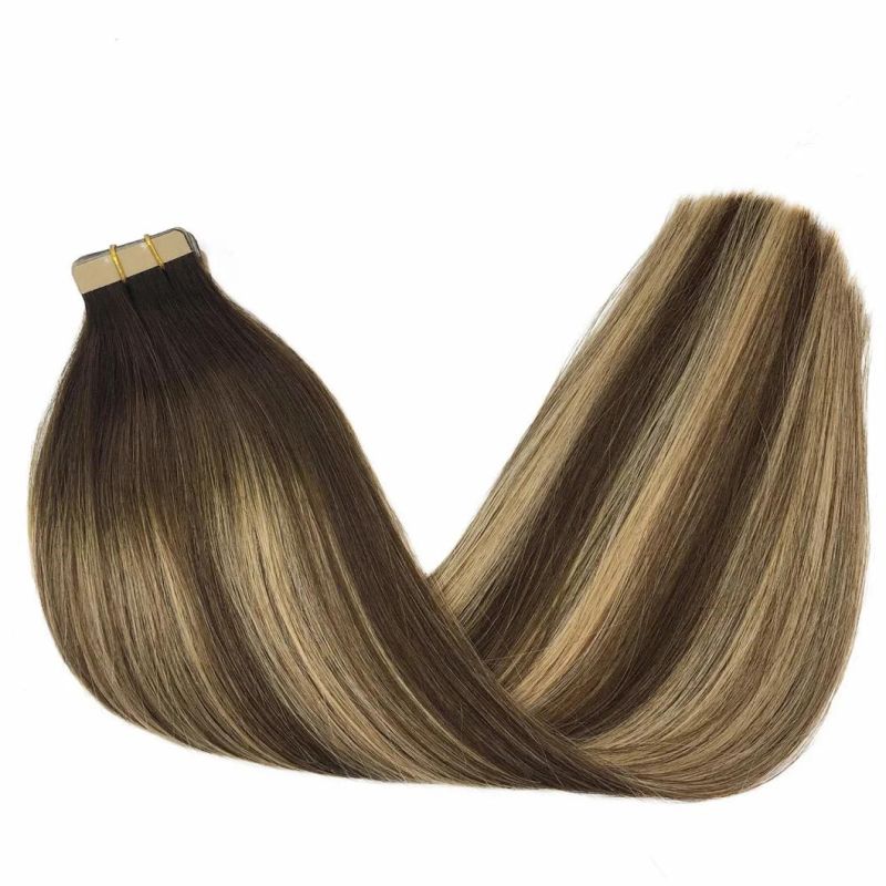 18 Inch Tape in Hair Extensions Human Hair Ombre Chocolate Brown to Honey Blonde Tape in Hair Extensions 20PCS 50g Remy Human Hair Extensions for Women