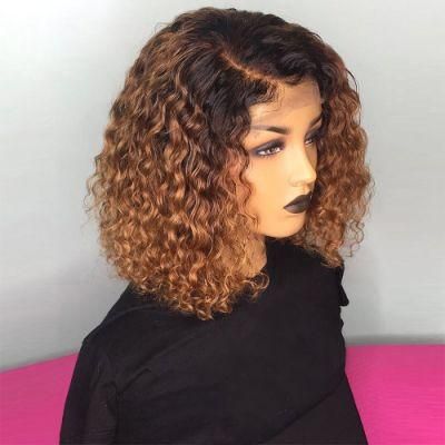Brown 1b 27 Ombre Color Short Kinky Curly 100% Human Hair Lace Front Bob Wigs, HD Lace Frontal Curly Bob Wig with Highlights