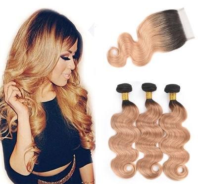 Ombre Brazilian Virgin Hair Body Wave 3 Bundles with Closure 2 Tone 1b/27 Ombre Body
