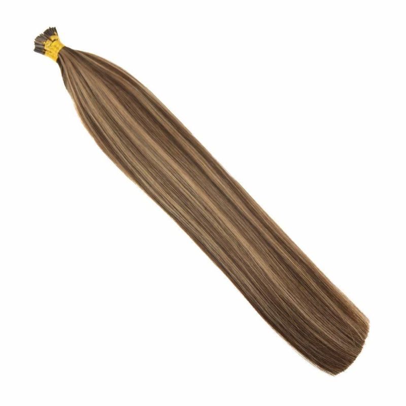 Remy I Tip Hair Extensions, Pre Bonde #4/27 Dark Brown Highlights Caramel Blonde Silky Straight Stick Tip Hair Extensions Real Human Hair, 50g/Pack 20inch