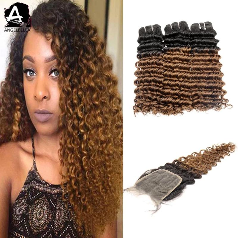 Angelbella Raw Mink Brazilian Human Hair Bundles with Closure Deep Wave Hair Ombre 1b#-30# Remy Hair