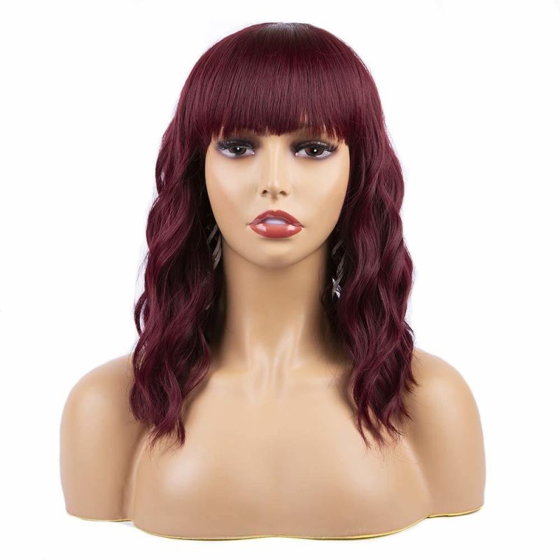 Wine Red Wigs with Bangs for Women Synthetic Curly Bob Wig with Bangs Short Wigs