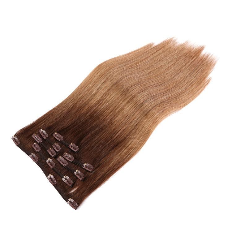 Double Drawn Piano Color Russian Hair Seamless PU Skin Weft Clip in Hair Extension #T4/12