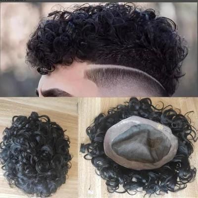 Toupee Monolace Toppu Curly Human Hair Wig Europeanhair Replacement System7X9inch