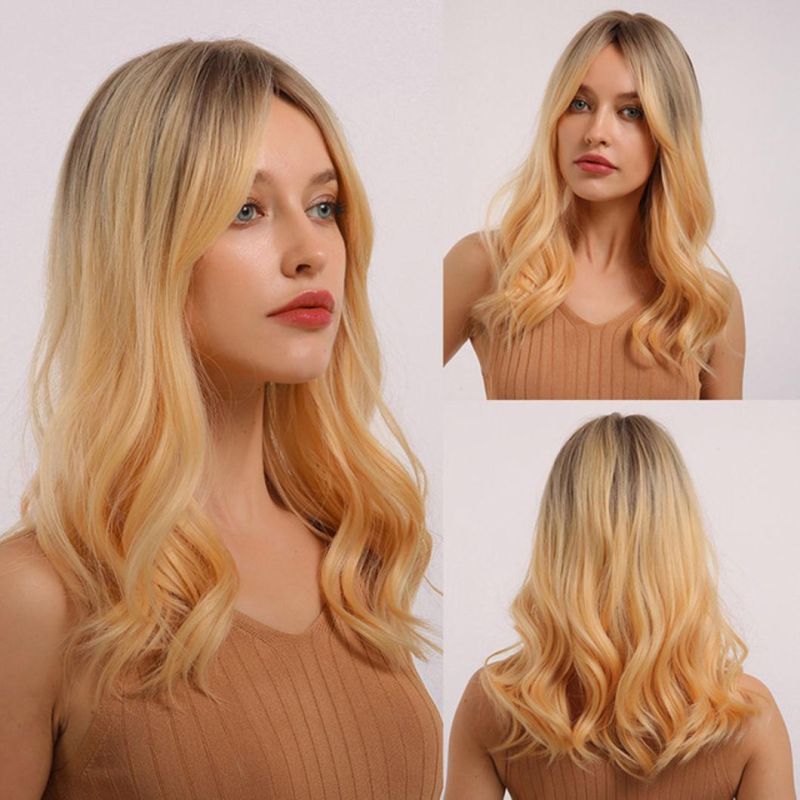 Long Natural Wave Brazilian Wig Black Light Brown Ombre Lace Front Hair Wig with Closure Bangs for Black White Women Daily Use Fluffy Wigs 22 Inch