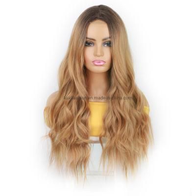 Long Body Wave Vendor Ombre Light Blonde Dark Root Heat Resistant Fiber Synthetic Lace Hair Wigs