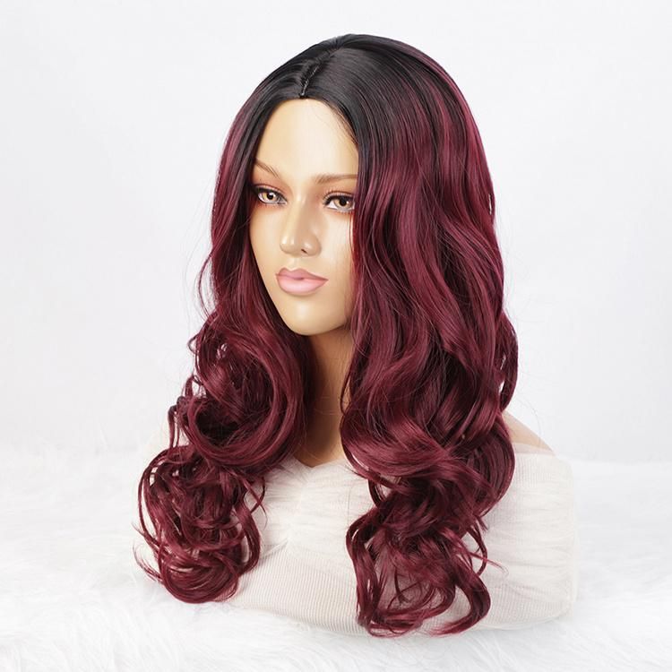 Synthetic Wigs with Dark Roots Ombre Wine Red Body Wave Middle Part Long Heat Resistant Fiber Hair for Women