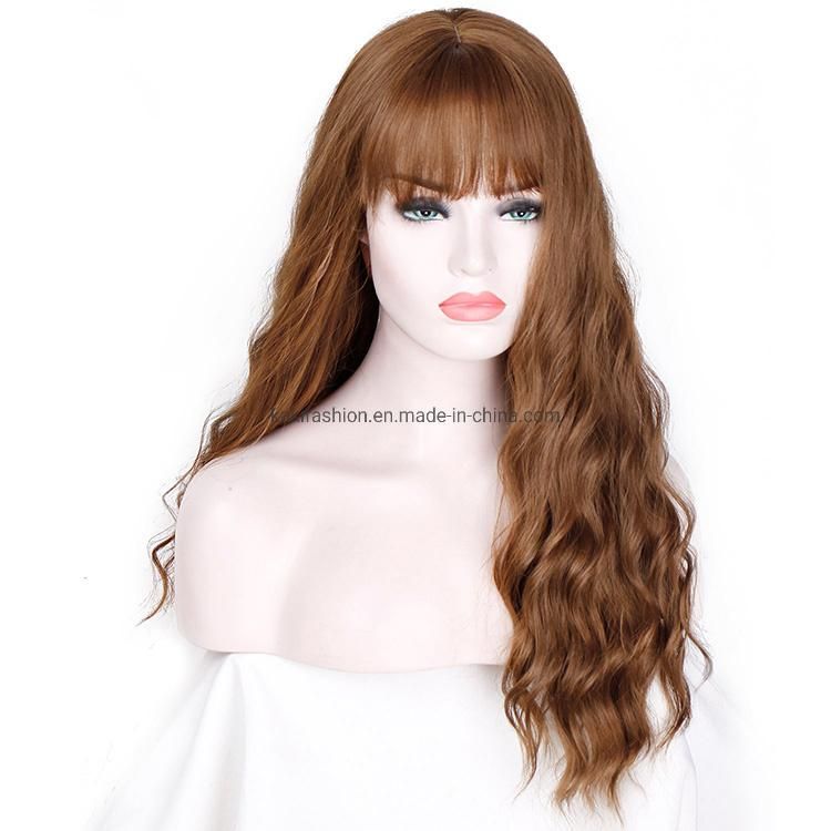 Heat Resistant Synthetic Fiber Long Wigs Kinky Curly Mix Brown Long Wavy Wig with Bangs for Women