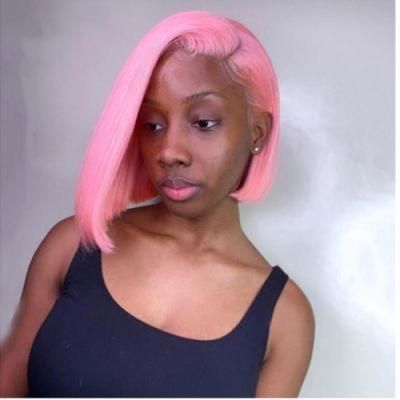 Riisca Pink Color Human Hair Bob Wigs Remy Pre Plucked Short Bob Lace Front Wig with Baby Hair for Black Women Hair