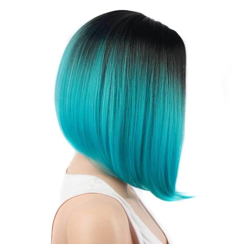 Cheap 14inch Short Silky Straight Ombre Blue Heat Resistant Fiber Synthetic Wigs