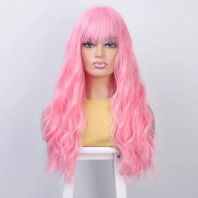 26 Inch Cute Pink Long Body Wavy Curly Wigs Hair with Air Bangs Fluffy Natural Lolita Wig for Women