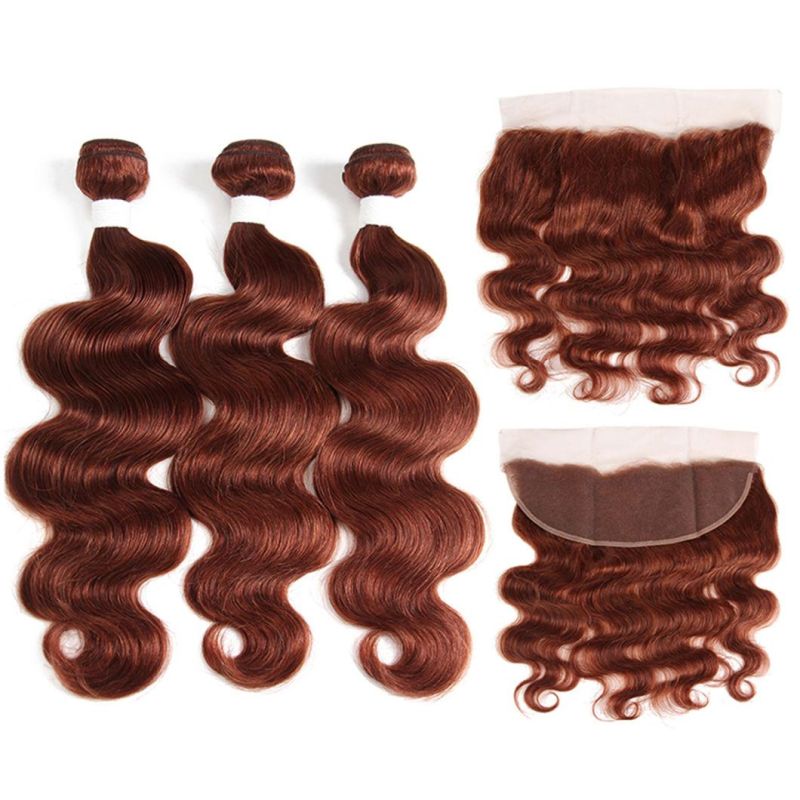Brazilian Human Hair Bundles with Frontal Lace Auburn Brown Body Wave Non-Remy 100% Human Hair Weaves Bundle with Closure
