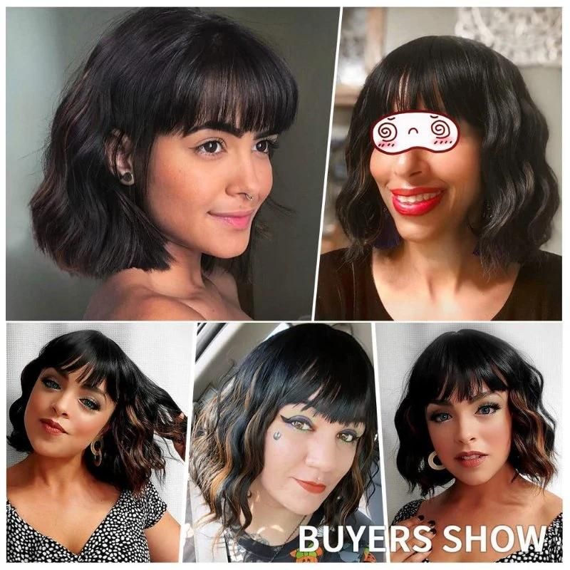 Kakifashion Black Bob 16 Inch Short Straight Synthetic Wig with Bangs for Black Women White Women