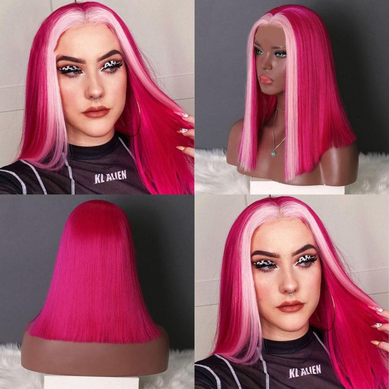 Straight Hair Brazilian Human Hair Front Lace Closure Hot Pink Short Wig Bob Wigs for Black Women