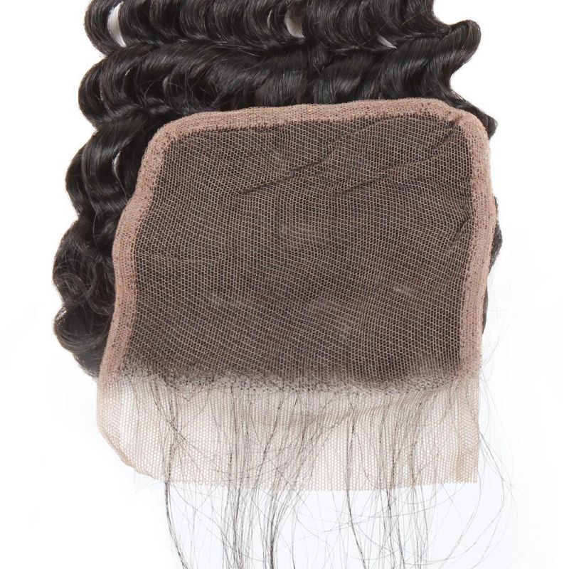 7A Virgin 4*4 Non-Remy Lace Frontal Closure Deep Wavy Free Part Hair Weave #Black