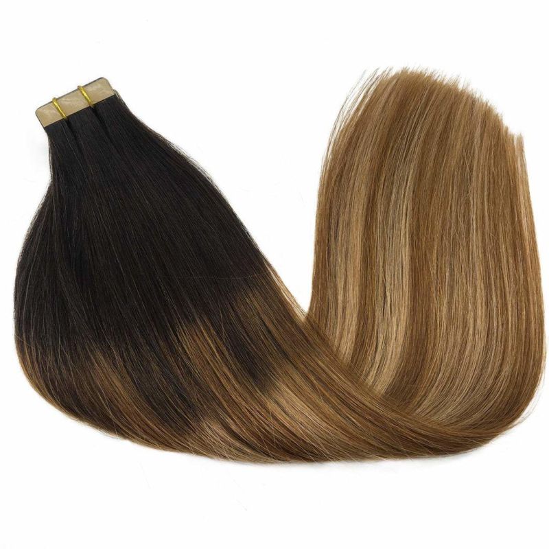 22inch Tape in Human Hair Extensions Balayage Dark Brown to Chestnut Brown and Dirty Blonde Ombre Remy Hair Extensions Tape in Straight Skin Weft 50g 20