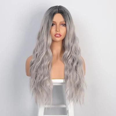 Heat Resistant Synthetic Fiber Cosplay Curly Long Wavy Ombre Gray Body Wave Hair Wigs